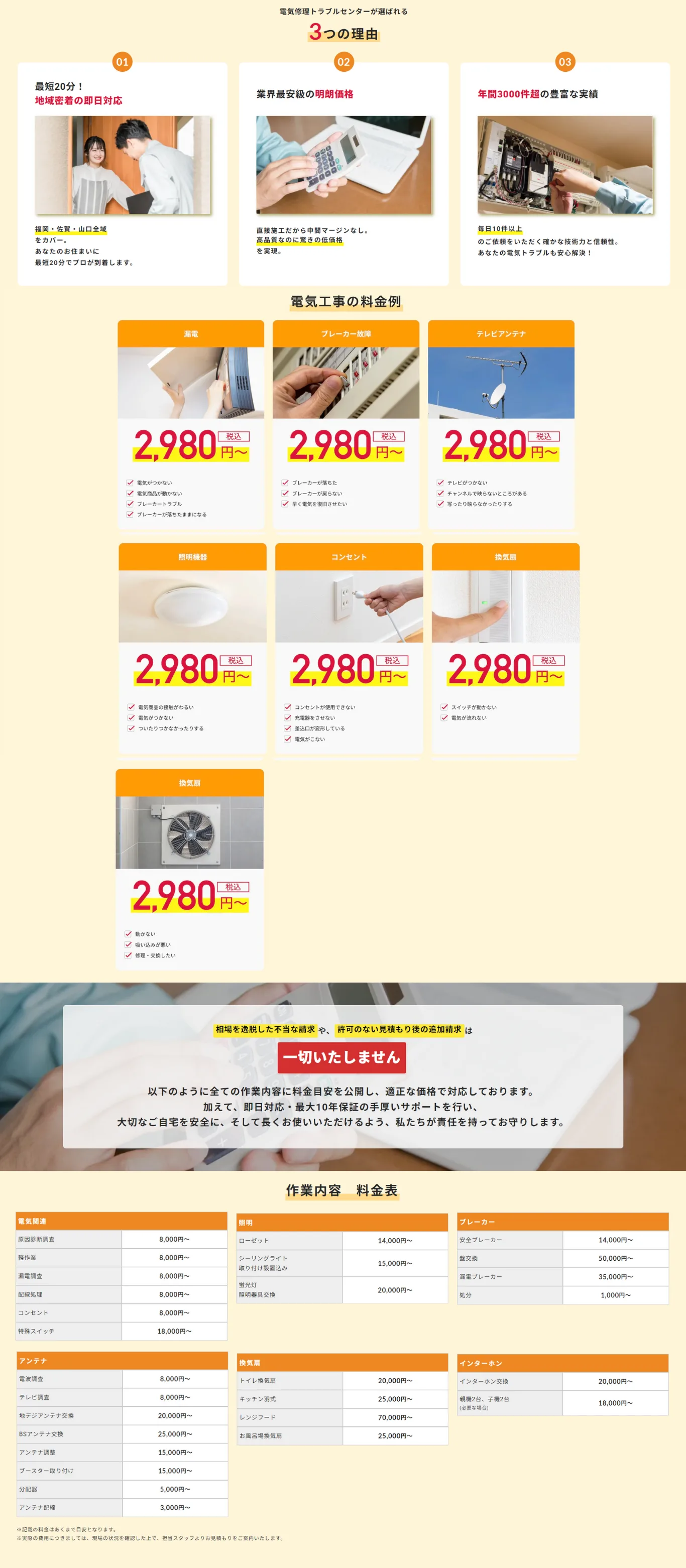 選ばれる3つの理由・電気工事の料金例・作業内容料金表